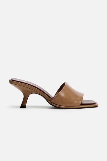 Zara HEELED LEATHER SLIDES - Brown