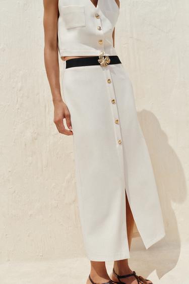 JUPE MIDI CRÊPE CEINTURE - Écru de Zara - Image 1