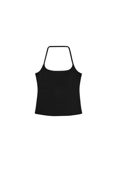 Front view of a black, sleeveless, halter-neck top with a round neckline. Fitted with a regular hem.