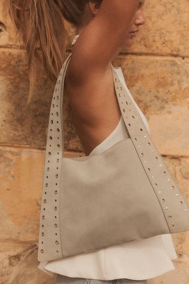 SPLIT SUEDE STUDDED SHOULDER BAG - SAND/BROWN by Zara - Image 0
