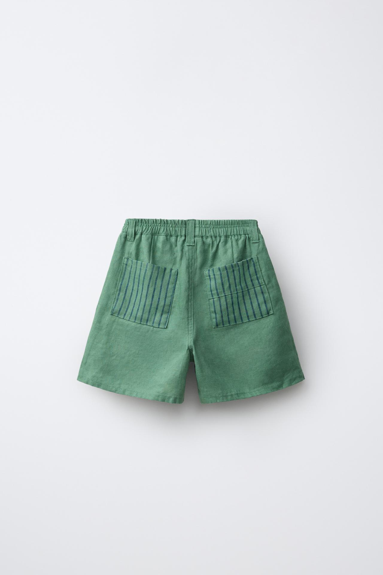 EMBROIDERED 100% LINEN SHORTS — Green