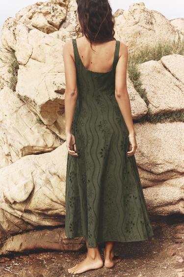 ROBE MIDI BRODERIES PERFORÉES - Kaki foncé de Zara - Image 4