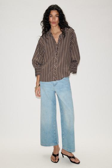 Zara STRIPED PUFF SLEEVE SHIRT - Brown-Blue