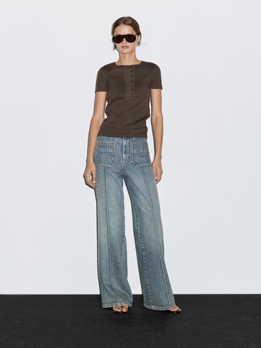 Zara Cotton blend T-shirt with chest detail - Brown - Image 0