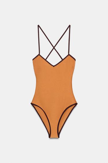 SATIN SWIMSUIT WITH CONTRAST TRIMS - Burnt orange by Zara - Image 1