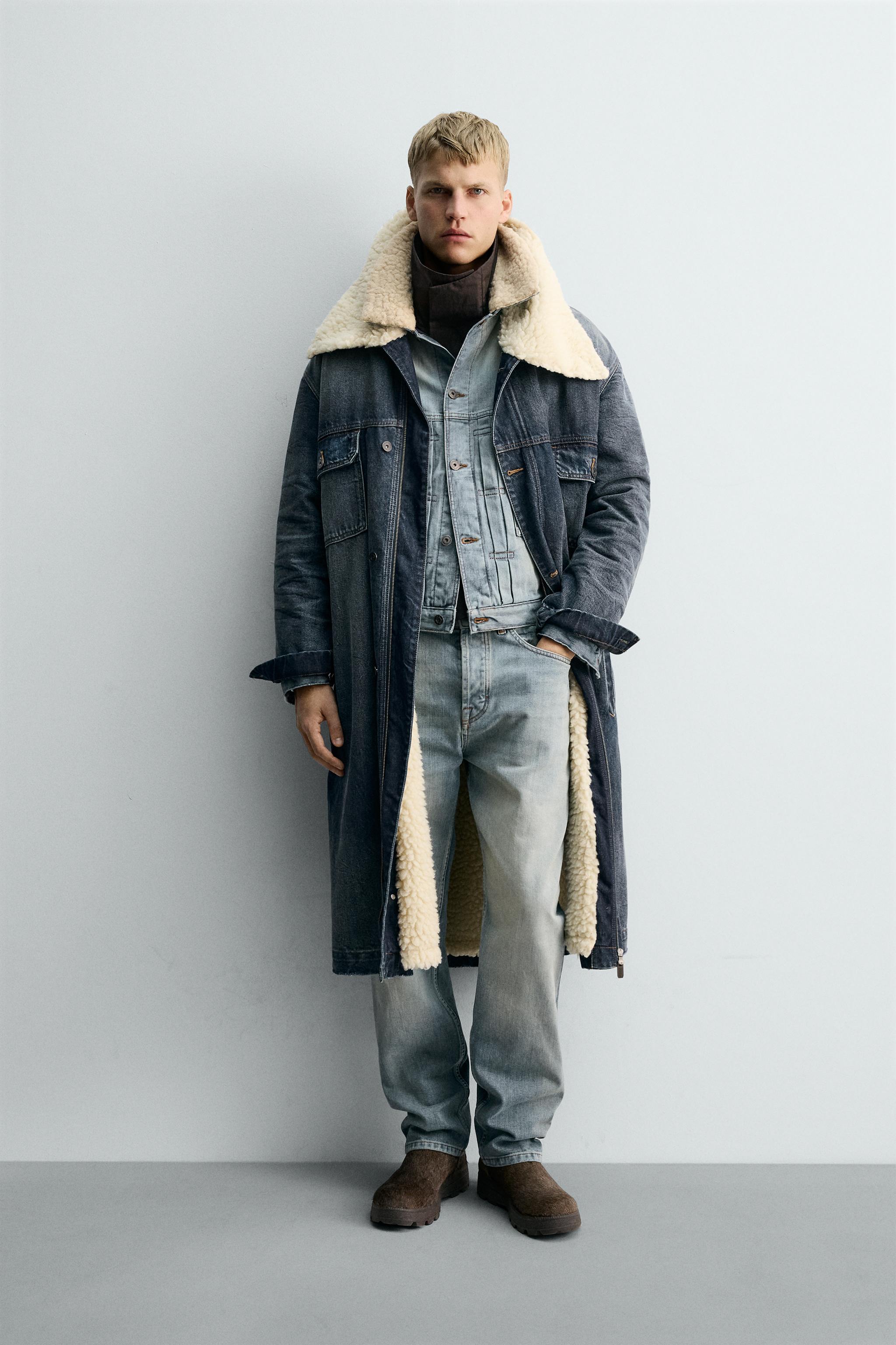 【即完】 Ameri VINTAGE DENIM WORK LONG COAT Upcycled Denim Patchwork Coat: Long A-line Jean Trench With