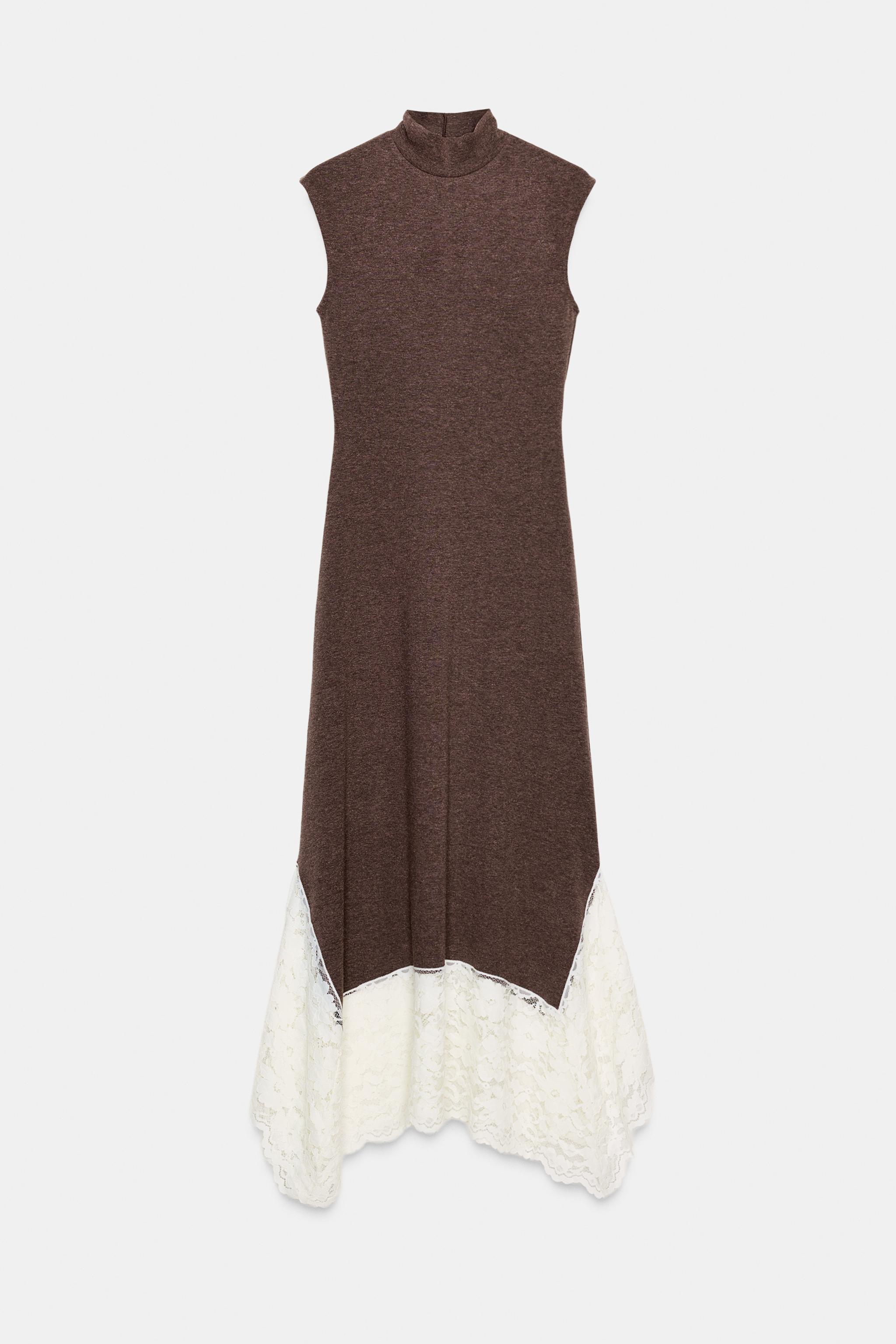 ◆新品、タグ付き◆ ZARA ザラ　レースコントラストロングワンピース M レースコントラストロングワンピース - ブラウン | ZARA Japan / 日本