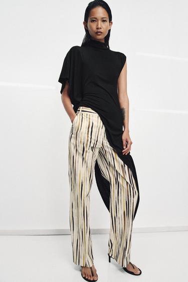 Zara ZW COLLECTION STRIPED POPLIN PANTS - Brown / Ecru