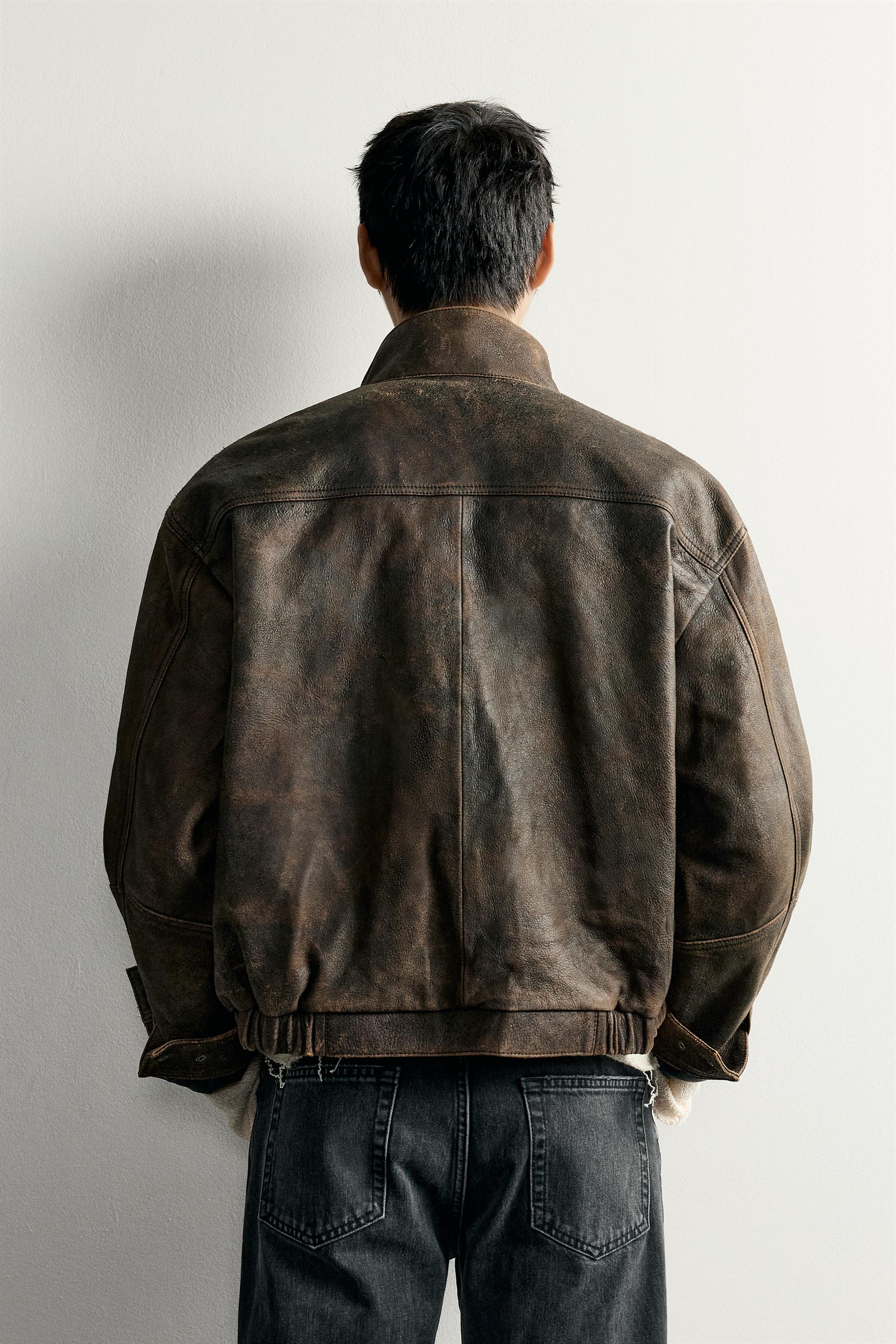 リラックスフィット ウォッシュド レザー ジャケット - ブラウン
