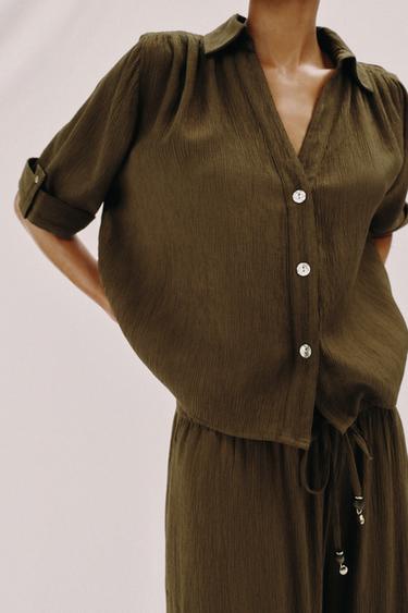 SHORT SLEEVE FLOWING SHIRT - Olive green by Zara