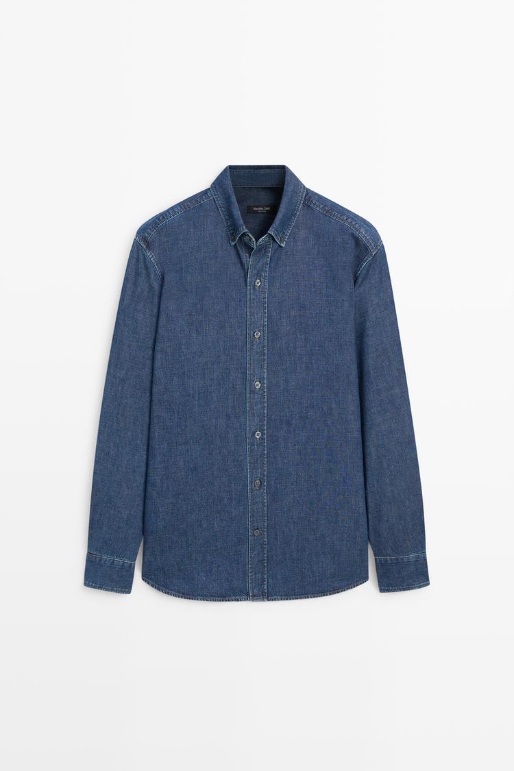 100% Cotton Regular Fit Denim Shirt — Mid-blue