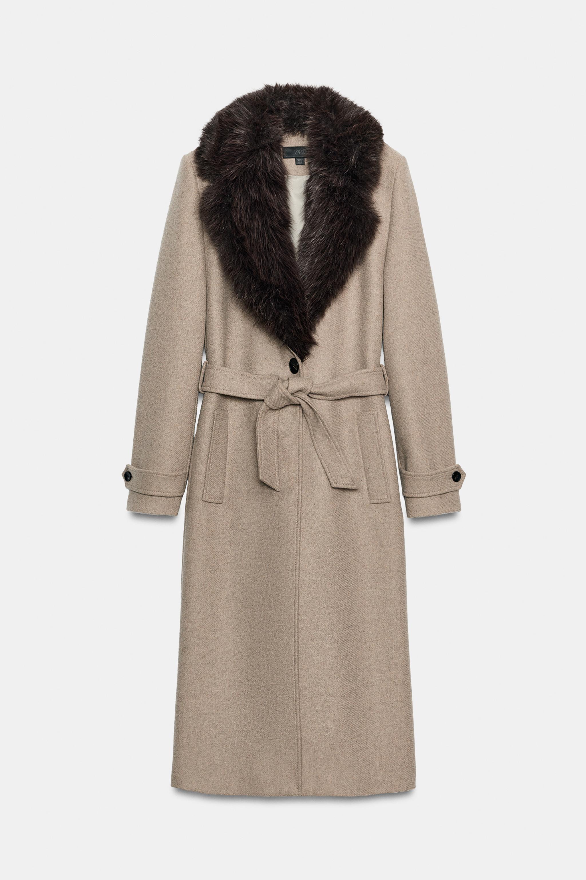 WOOL COAT WITH DETACHABLE FAUX FUR LAPEL