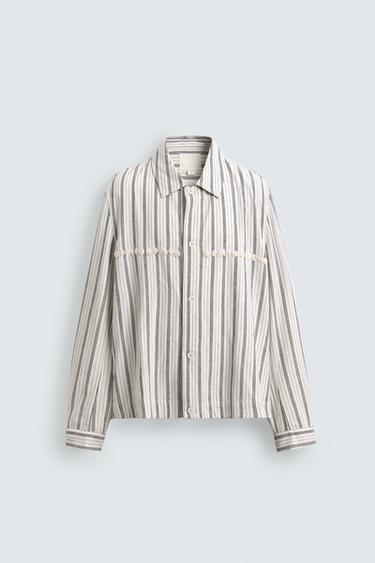 EMBROIDERED STRIPED FLUID OVERSHIRT - Ecru by Zara