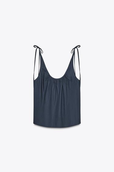 Zara POPLIN TOP WITH TIES - Light petrol blue