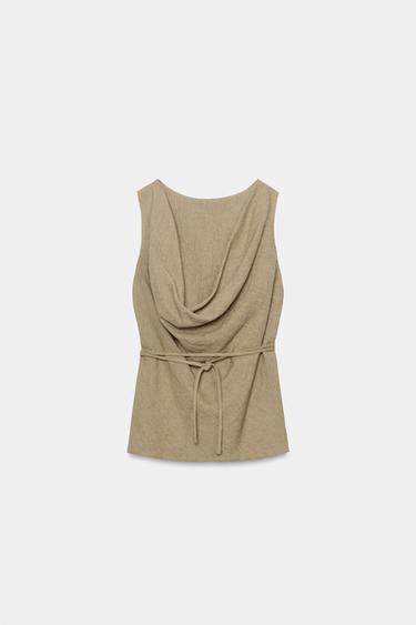 ZW COLLECTION LINEN BLEND BELTED TOP - Khaki by Zara - Image 4