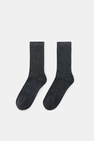 CHAUSSETTES CÔTELÉES STRASS - Gris chiné de Zara