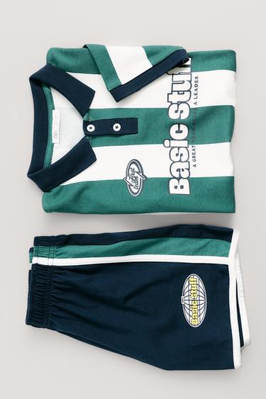 6-14 YEARS/ FOOTBALL PRINT PYJAMAS — Ecru / Green 1