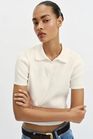 KNIT POLO SHIRT WITH CONTRAST LACE - White by Zara