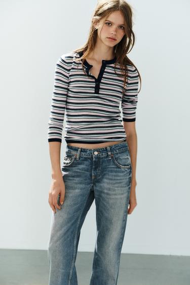 Zara STRIPED KNIT BUTTON-UP JUMPER - Striped