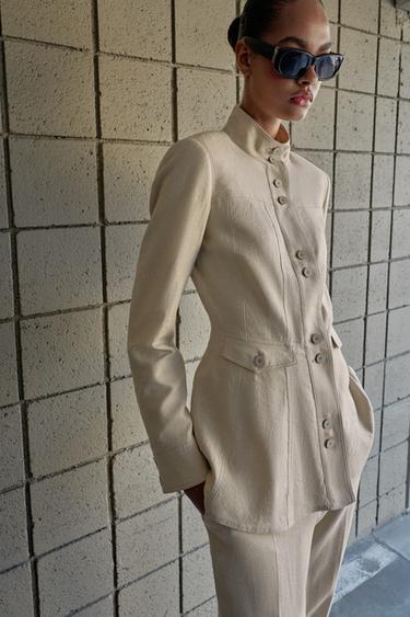 FITTED JACKET WITH LINEN AND SHOULDER PADS - Light beige by Zara - Image 5
