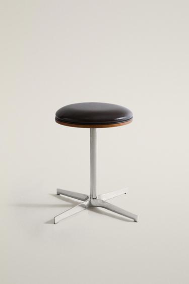LEATHER AND STAINLESS STEEL STOOL — Chocolate brown 2