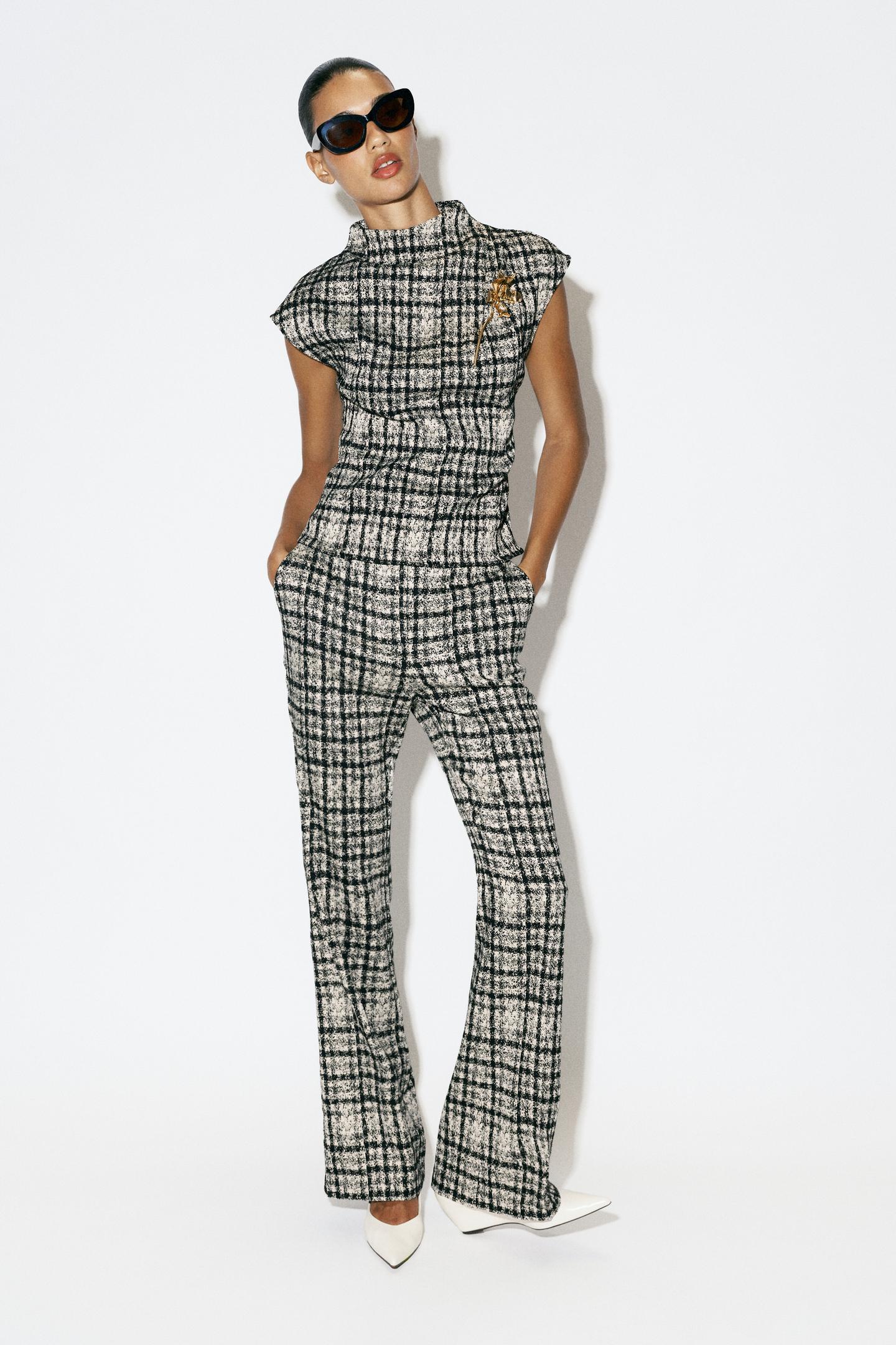 Женские брюки Zara Plaid Flare, цвет: Экрю / Чёрный
