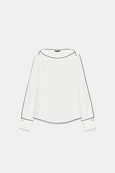 BLOUSE EN CRÊPE AVEC LISERÉS EN CONTRASTE - Blanc / Noir de Zara - Image 5
