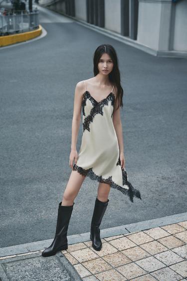 Zara ZW COLLECTION 蕾絲不對稱洋裝 - 裸色 / 黑色