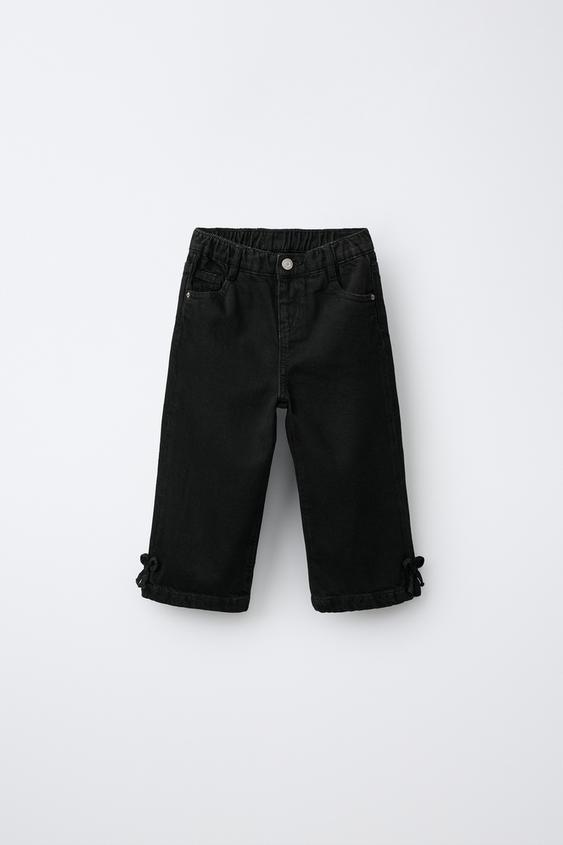 Zara 蝴蝶結裝飾寬管牛仔褲 - 黑色 - 圖片 0