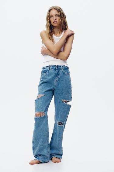 JEANS Z1975 STRAIGHT TIRO ALTO ROTOS - Azul medio de Zara - Imagen 0