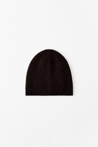 Zara RIBBED CASHMERE BLEND BEANIE - Brown