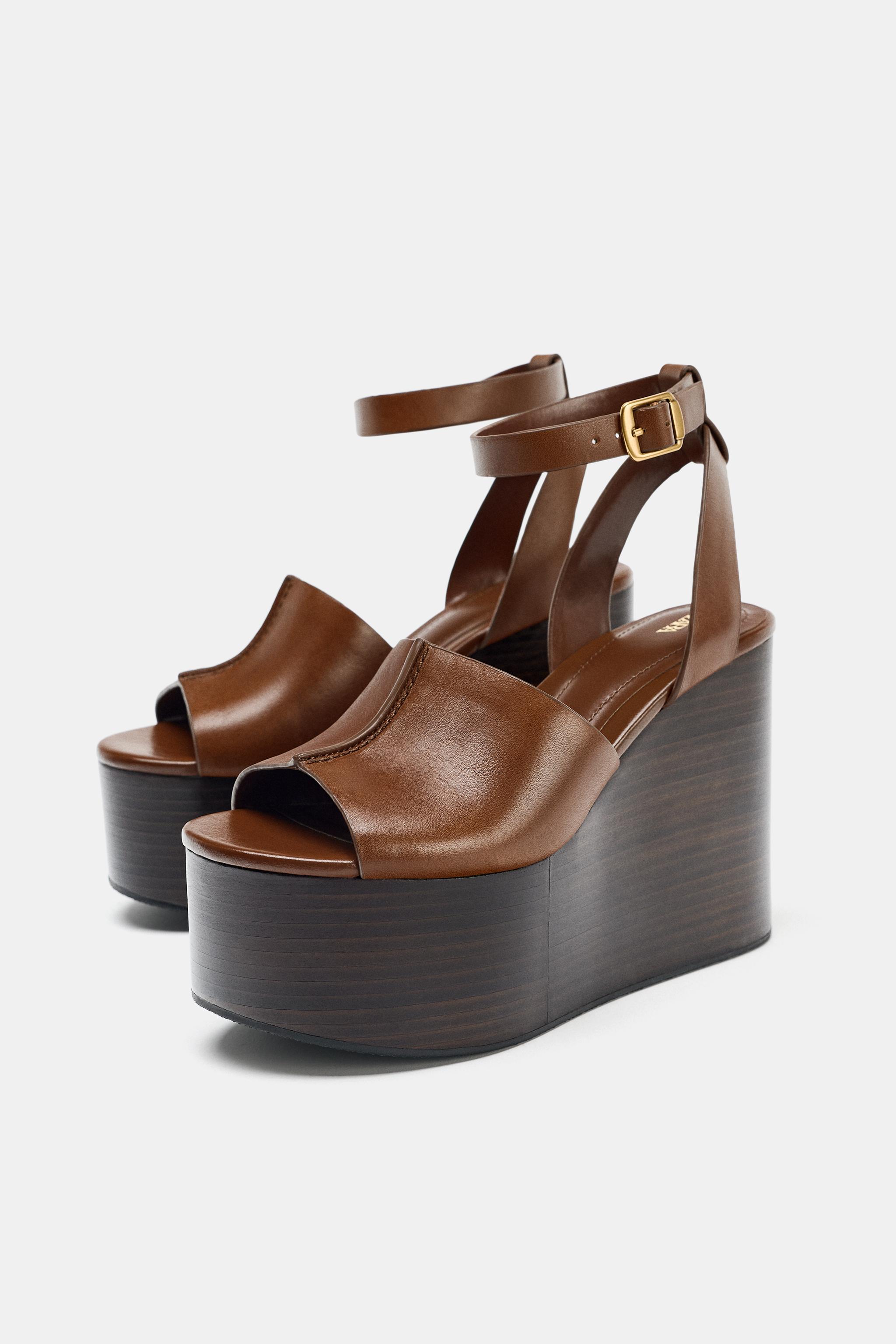 LEATHER WEDGE SANDALS WITH STRAP - Brown | ZARA United States LEATHER WEDGE SANDALS WITH STRAP - Brown | ZARA United States