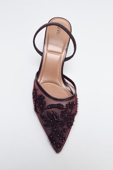 MESH RHINESTONE SLINGBACK HEELS - Brown by Zara