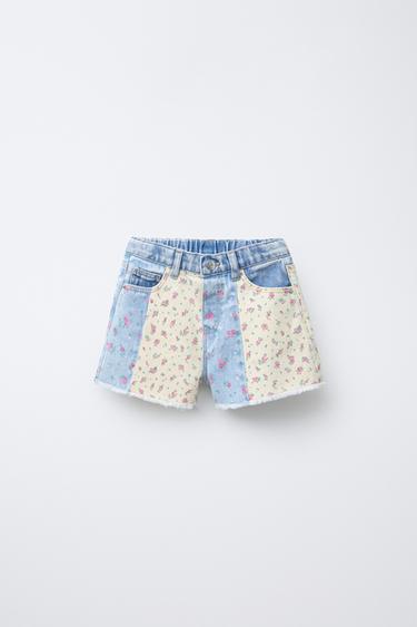 Zara 拼布花紋牛仔短褲 - 淡藍色