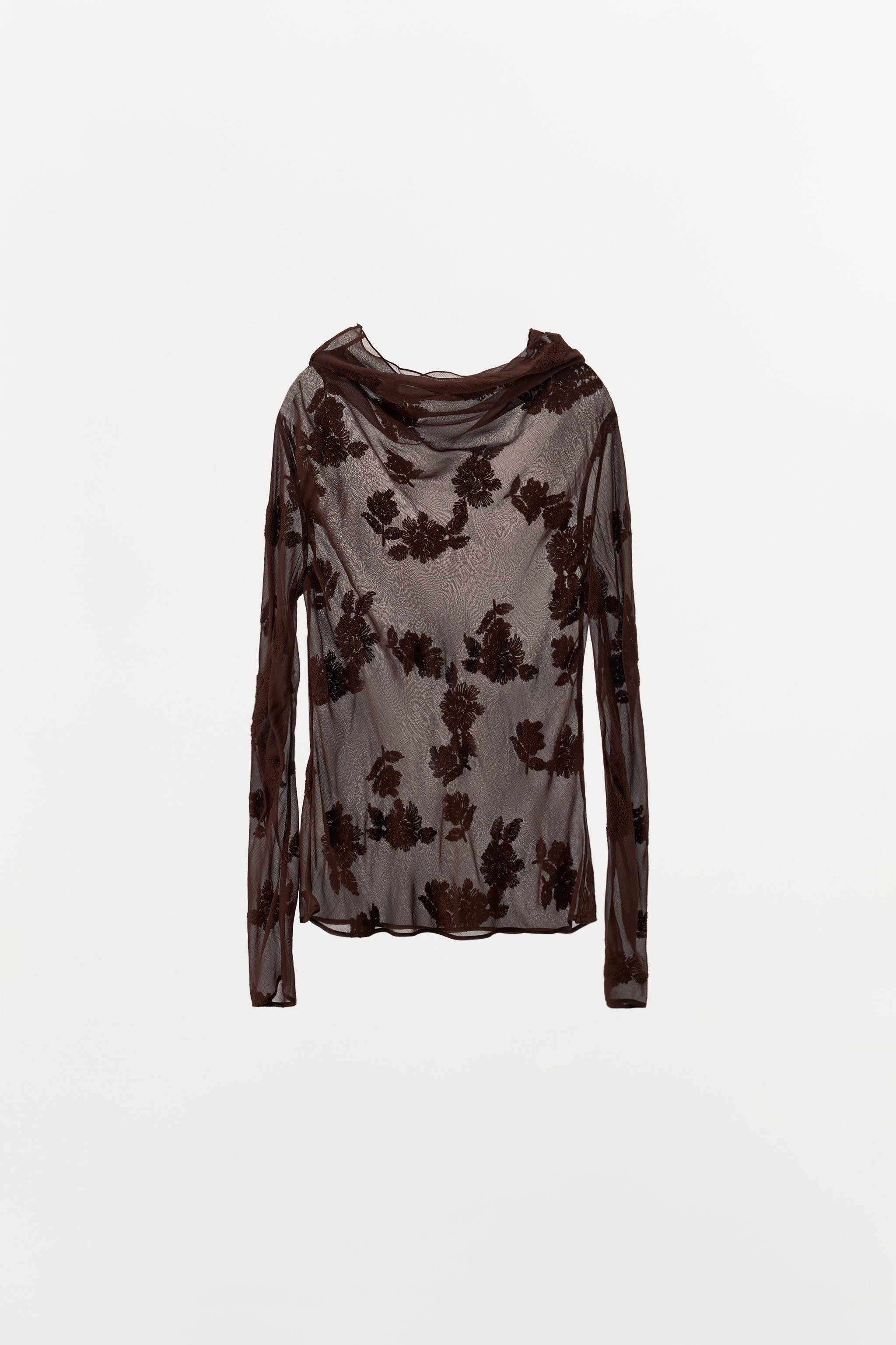 SEMI-SHEER SHIRT WITH FLORAL EMBROIDERY - Brown | ZARA Canada