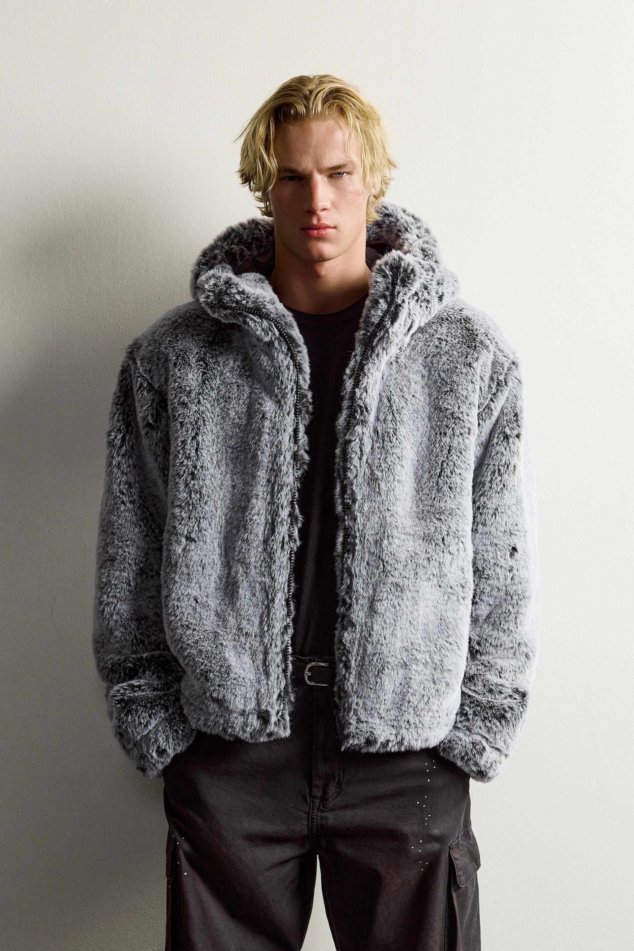 BLOUSON CROPPED FIT EFFET FOURRURE CAPUCHE
