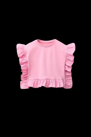 Zara POPLIN RUFFLE MIXED T-SHIRT - Fuchsia - Image 0