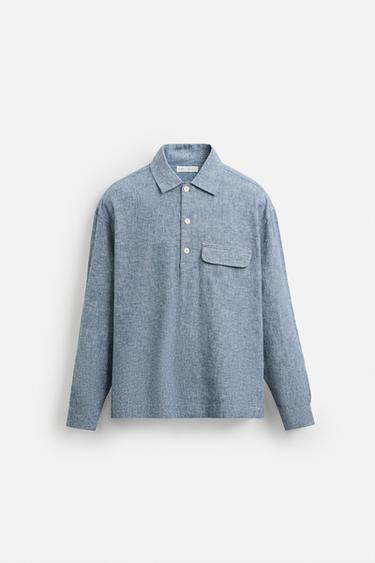 LINEN/COTTON POLO SHIRT - Blue by Zara