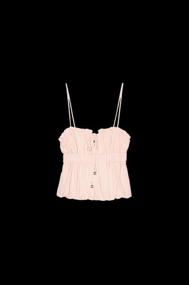 LINEN BLEND ELASTICATED TOP - Peach by Zara - Image 0