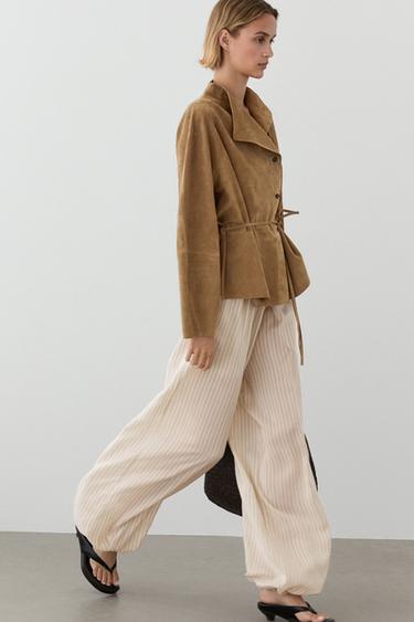 Zara Suede leather jacket with drawstring - Sand