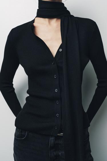 RIB KNIT CARDIGAN WITH SCARF - Black by Zara - Image 4