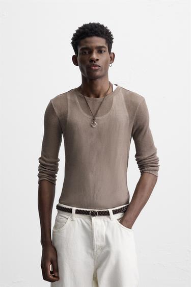 SEMITRANSPARANT T-SHIRT MET RIB - Donkergrijs van Zara