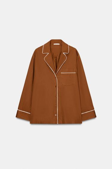 Zara Kahverengi - KONTRAST POPLİN PİJAMA GÖMLEK