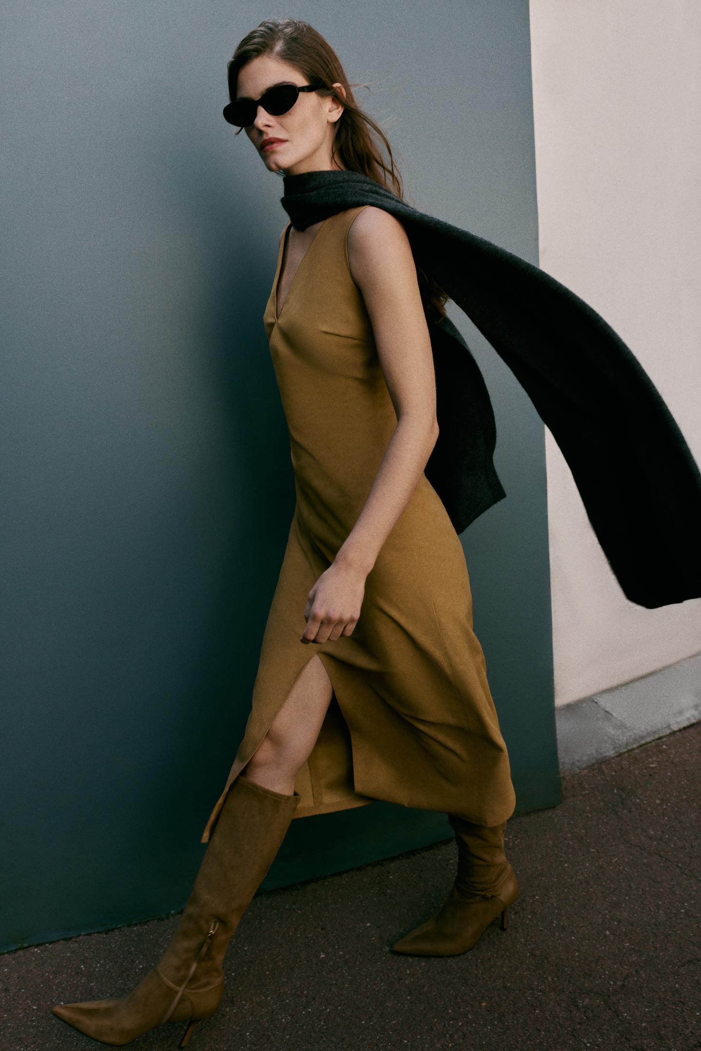 Женское платье Zara MIDI Suede Effect, цвет: Верблюжий — фото 7