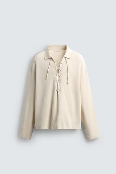 TEXTURED DRAWSTRING POLO SHIRT - Oyster-white by Zara - Image 7