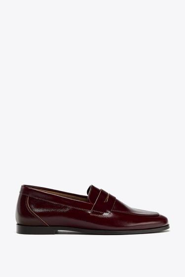 LEATHER PENNY STRAP LOAFERS - Burgundy Red by Zara