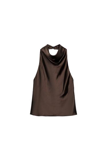 SATIN HALTER TOP - Brown by Zara