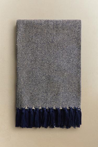Zara FRINGED BLANKET - Navy blue