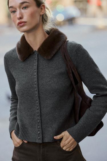 Zara FAUX FUR LAPEL KNIT CARDIGAN - Anthracite grey