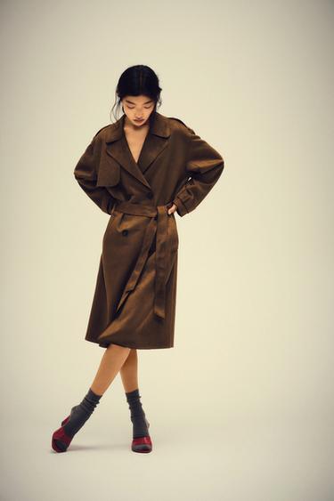 Zara 長版人造麂皮繫帶風衣 - 棕色
